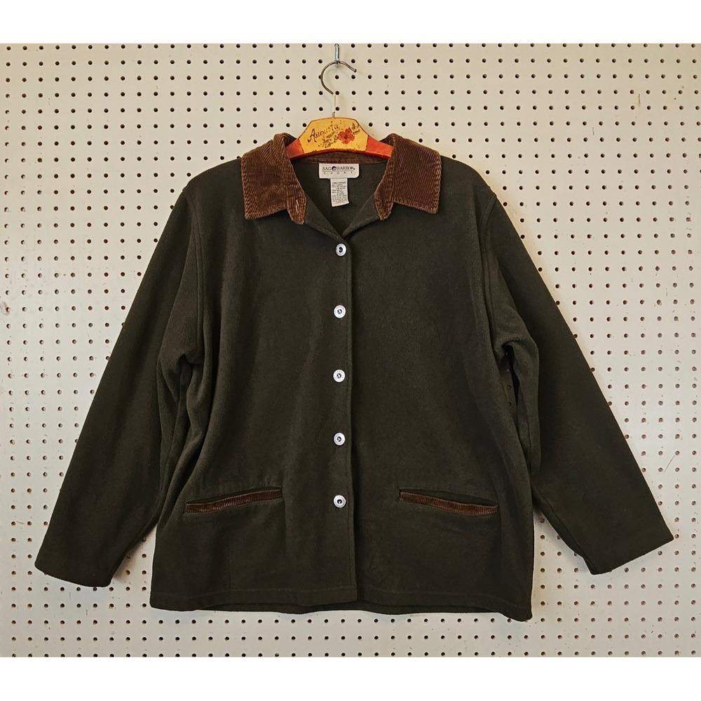Sag Harbor Sport Womens Large Green Fleece Jacket Corduroy Collar Button Front